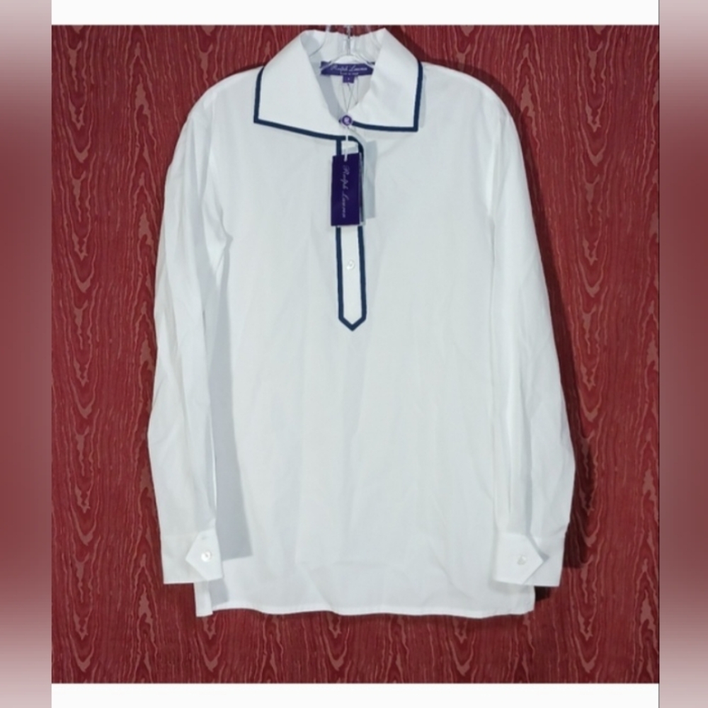 RALPH LAURE Purple Label White/Blue Spring Cotton Poplin Glendale Shirt Sz 4 NWT